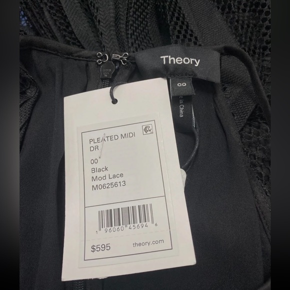 Theory Pleated A-line Midi Dress Black Mesh Lace w Skinny Straps & Front Keyhole - Picture 13 of 14